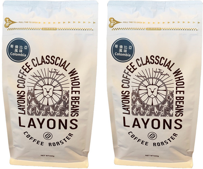 LAYONS COFFEE 雷恩獅咖啡 經典系列 咖啡豆 哥倫比亞風味, 2個, 全豆咖啡(未研磨), 450g