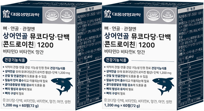 대웅생명과학 뼈 연골 관절엔 상어연골 뮤코다당 단백 콘드로이친 1200 비타민D 비타민K 망간, 60정, 2개