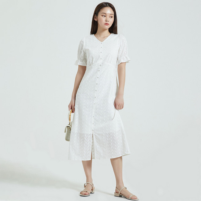 미쏘 면레이스 페미닌 반팔 롱원피스