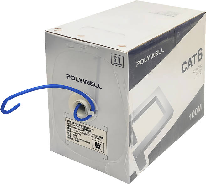 POLYWELL 寶利威爾 CAT6 網路線箱線 24AWG UL認證 通過Fluke測試 PW15-W59-B011, 100m, 藍色, 1條