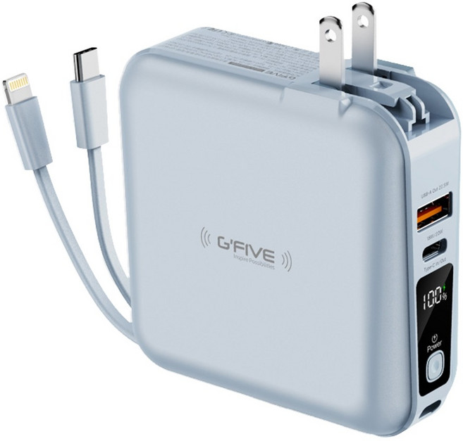 G'FIVE 基伍 勁量無線充多功能行動電源 10000mAh USB-A + USB-C, 淺藍色, GP-W10S
