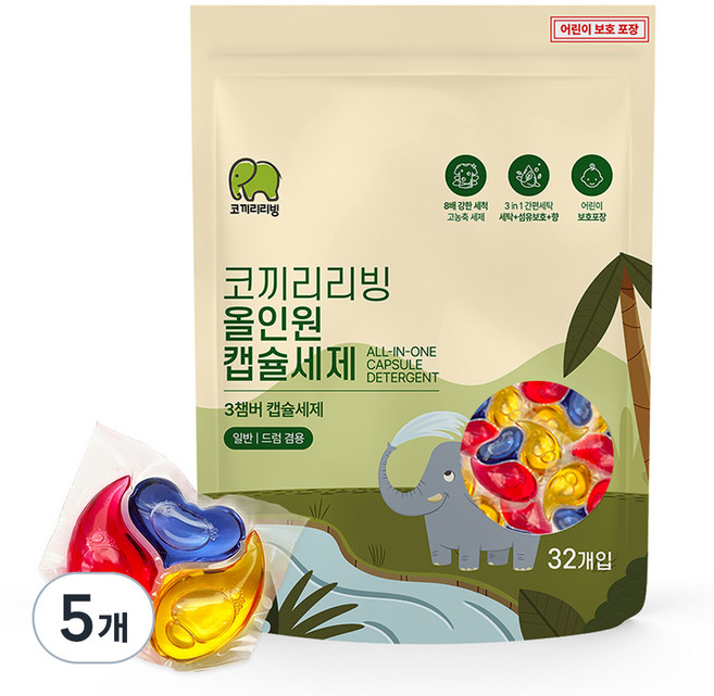 코끼리리빙 올인원 캡슐세제 장미향, 5개, 32개입