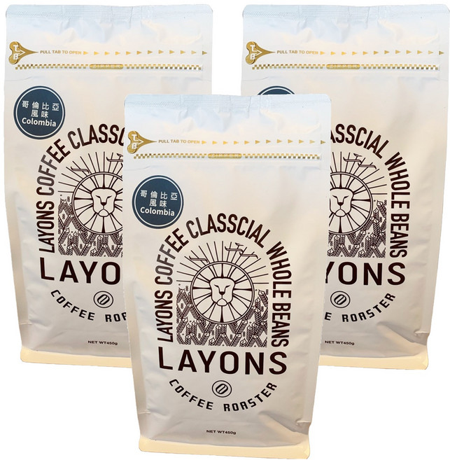 LAYONS COFFEE 雷恩獅咖啡 經典系列 咖啡豆 哥倫比亞風味, 3個, 全豆咖啡(未研磨), 450g