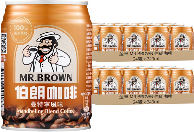 金車 MR.BROWN 伯朗咖啡 曼特寧風味, 240ml, 48罐