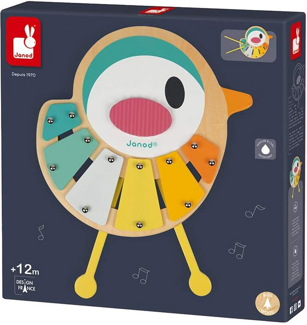 Janod 寶寶異想世界 寶寶鐵琴 造型輕巧可愛 適合寶寶拿取 鼓棒可收納於底部 成為鳥兒的腳 增加趣味性 底部有防滑腳墊 操作時不易滑動, 1盒