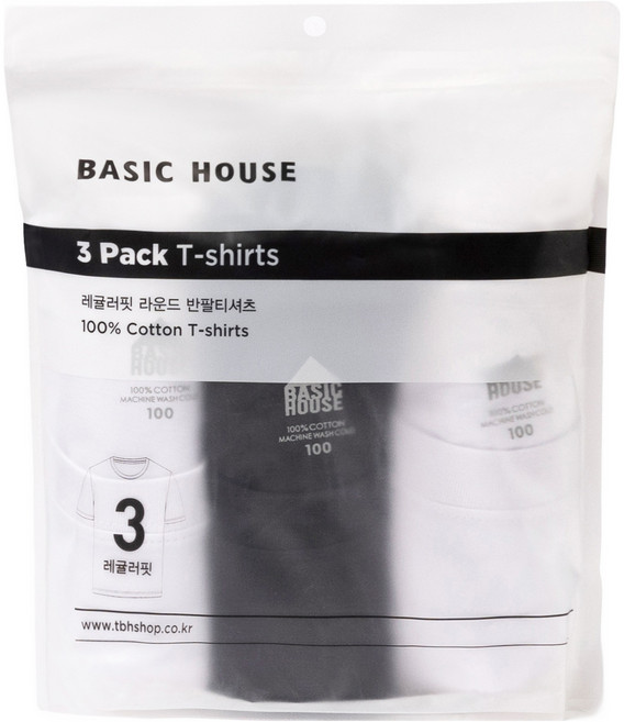 BASIC HOUSE 男女通用透氣純棉圓領30支短袖T恤原創包裝3件組 HATS0101, BK(白色,白色,黑色)