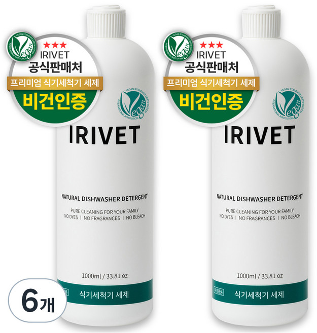 아이리벳 내츄럴 식기세척기 액체 세제, 1L, 6개
