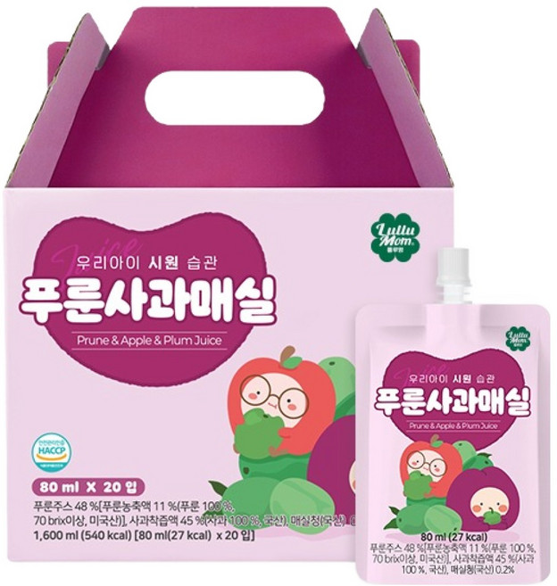 룰루맘 우리아이 시원습관 푸룬사과매실 주스, 80ml, 20개