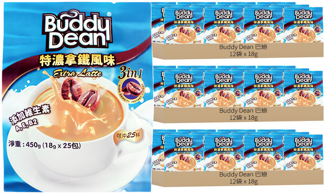 Buddy Dean 巴迪 三合一咖啡 特濃拿鐵風味, 18g, 25包, 36袋