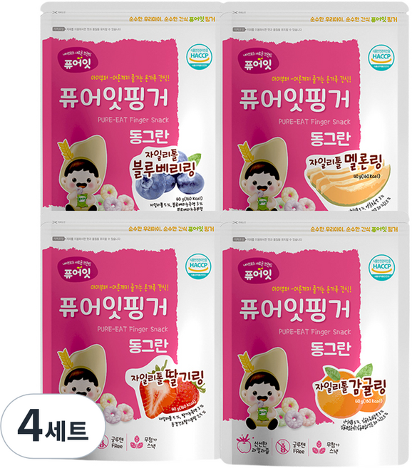 퓨어잇 핑거 동그란 자일리톨 과일링 40g x 4종 세트, 4세트, 혼합맛(감귤/딸기/블루베리/메론)