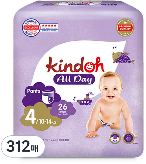 킨도 남녀공용 프리미엄 뉴올데이 팬티형 기저귀, 4단계, 312매
