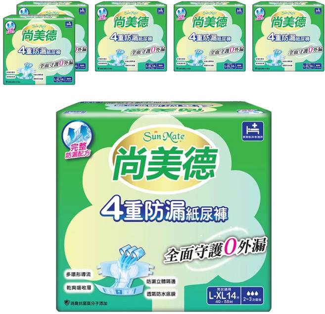 Sun Mate 尚美德 4重防漏成人紙尿褲, L~XL, 14片, 6包