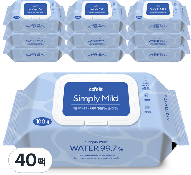 코멧 워터 99.7% 마일드 엠보싱 아기물티슈 캡형 피부 저자극 인증, 40팩, 100매, 50g