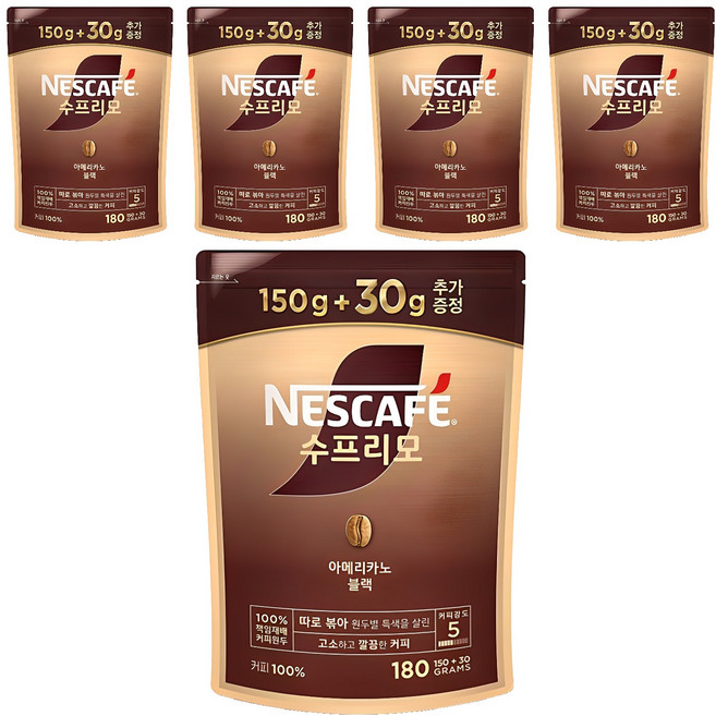 네스카페수프리모 아메리카노 블랙 원두커피믹스 파우치, 180g, 1개입, 5개