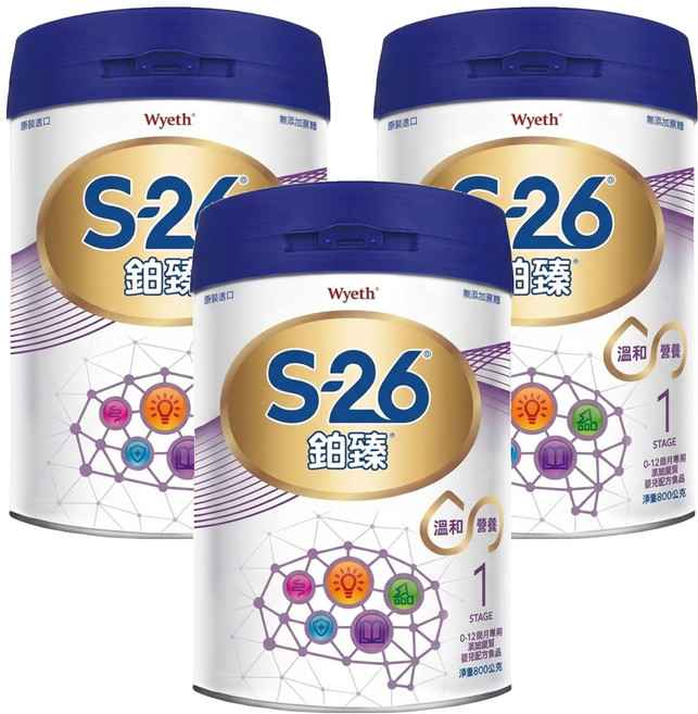 Wyeth 惠氏 S-26 鉑臻 Pro2 新升級嬰兒配方奶粉 1號 0~12個月, 800g, 3罐