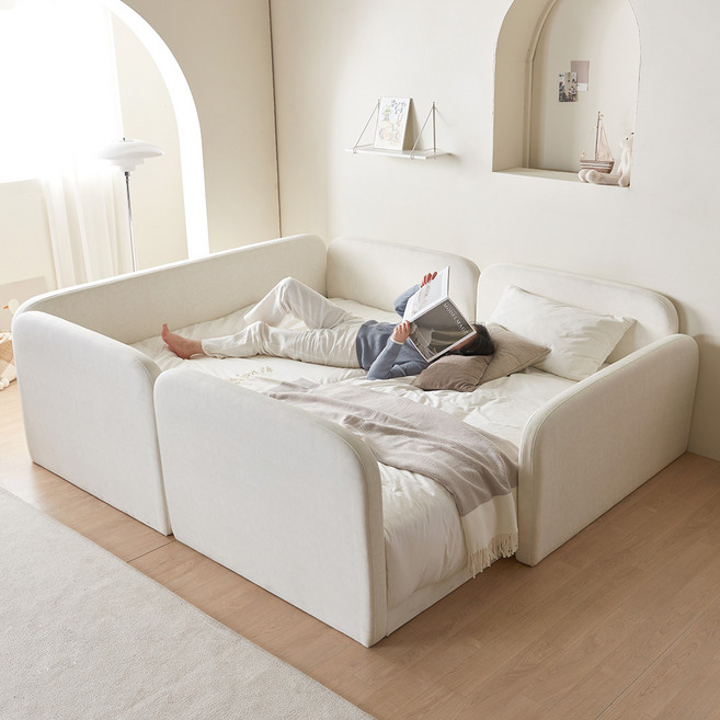 웰퍼니쳐 아리코 패브릭 저상형 침대 프레임 2P + 안전가드 + 측면가드 + 풋보드 2P 세트 방문설치, 아이보리