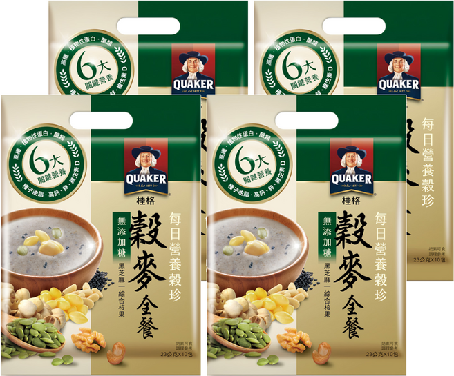 QUAKER 桂格 每日營養穀珍穀麥全餐 無添加糖 10包, 230g, 4袋
