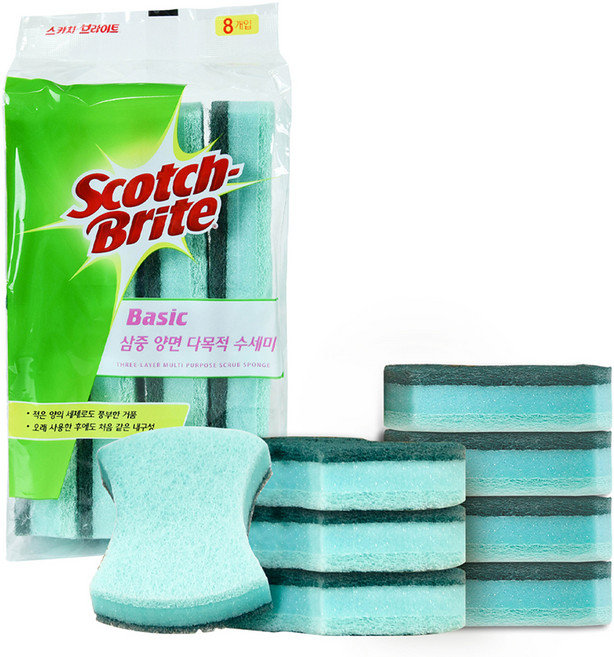 스카치브라이트 쓰리엠 베이직 삼중양면 다목적 수세미, 8개입, 2개