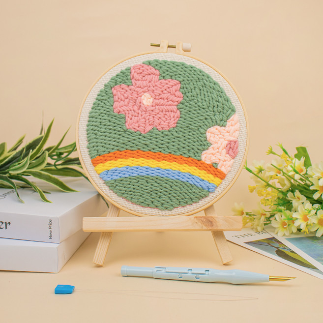 아트조이 DIY 펀치 니들 자수 + 4단 바늘 + 나무 받침대 세트, 1세트, 꽃과 무지개