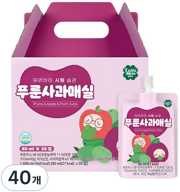 룰루맘 우리아이 시원습관 푸룬사과매실 주스, 80ml, 40개