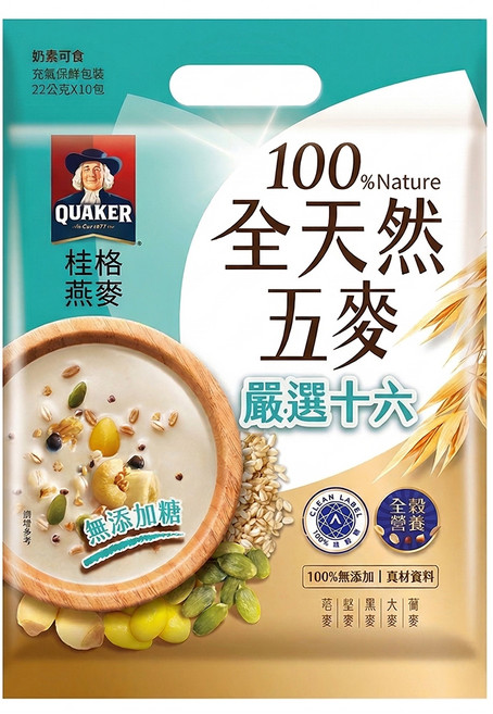 QUAKER 桂格 全天然五麥 嚴選十六 無添加糖 10包, 220g, 1袋