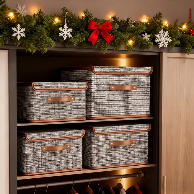 MF스토어 다용도 접이식 수납 린넨 패브릭 노빌리티 폴딩 리빙박스, 모던체크, 4개