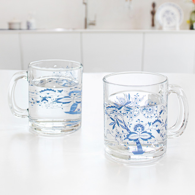 마쯔오카 국산 쯔비벨무스터 카라멜 마끼야또 글라스 머그컵 300ml, 블루, 2개