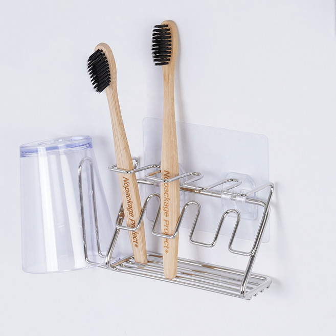 심플 접착식 스텐 칫솔꽂이 양치컵 걸이, 실버, 1개