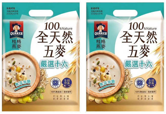 QUAKER 桂格 全天然五麥 嚴選十六 無添加糖 10包, 220g, 2袋
