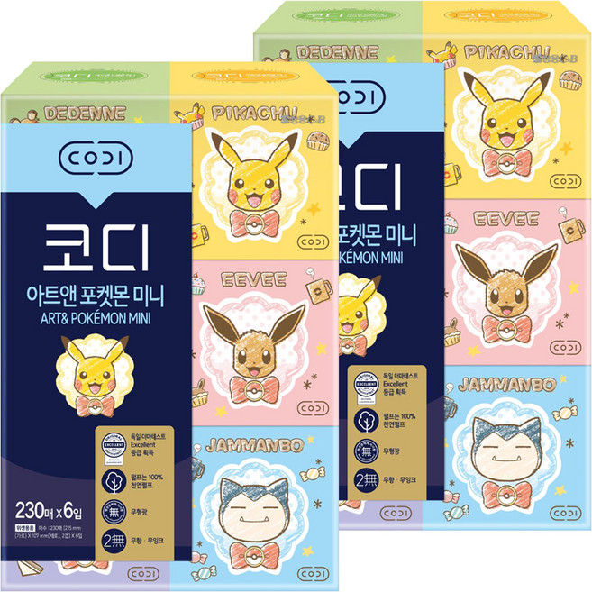코디 아트앤 포켓몬 미니 천연펄프 각티슈 2겹 랜덤발송, 230매, 12개
