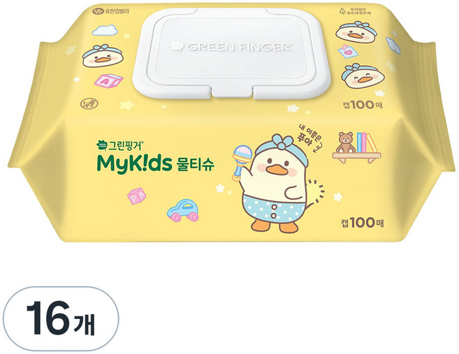 그린핑거 푸아에디션 마이키즈 아기물티슈 캡형, 16개, 100매, 37g