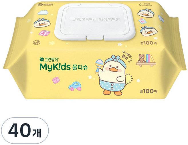 그린핑거 푸아에디션 마이키즈 아기물티슈 캡형, 40개, 100매, 37g