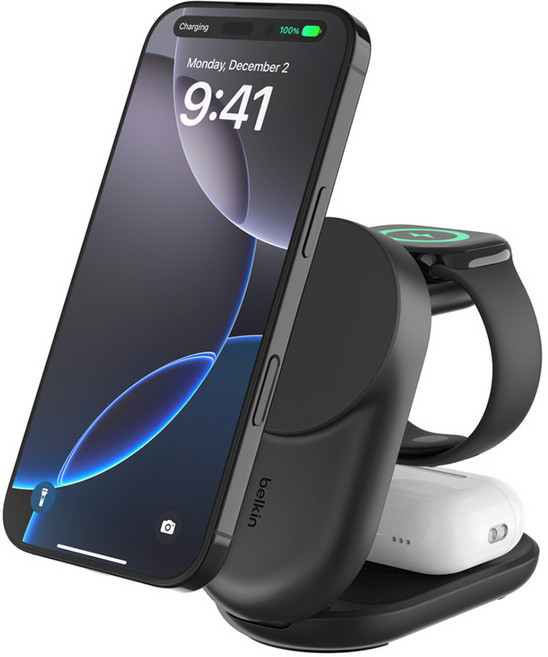 벨킨 울트라차지 3in1 Qi2 25W 폴더블 마그네틱 무선 초고속 충전기 WIZ037kr, 블랙(WIZ037krBK), 1개