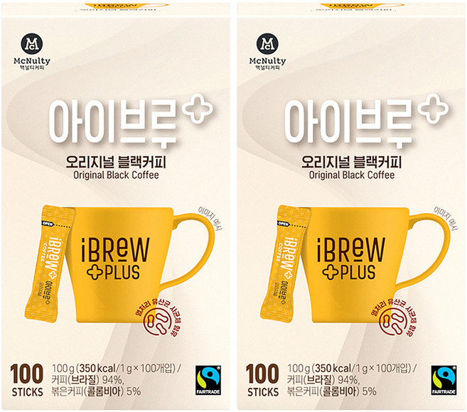 아이브루 플러스 공정무역 오리지널 블랙 원두커피스틱, 1g, 100개입, 2개