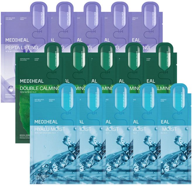 메디힐 더블 카밍 워터 5p + 히알루 모이스트 에센스 5p + 펩타 리프팅 앰플 5p 마스크팩 세트, 15개입, 1개