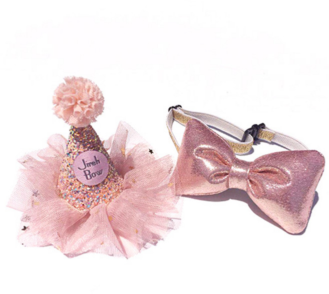 더플로우 반려동물 글리터 파티 모자 + 타이 세트, 인디핑크, 1개