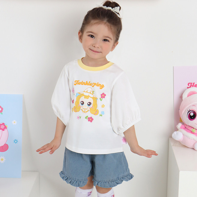 프리미에팜 여아용 캐치 티니핑 반짝핑 크롭 반팔 5부 티셔츠