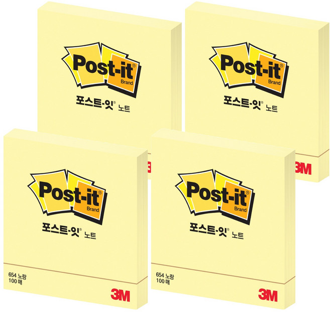 포스트잇 노트 접착메모지 654, 노랑, 100매, 4개