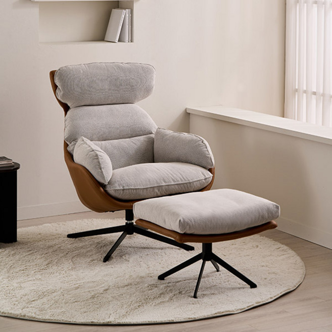 삼익가구 1인용 누터 콤비 안락 의자 360도 회전 소파 + 쿠션1p + 스툴 세트 방문설치, 카멜 + 라이트그레이, 1개