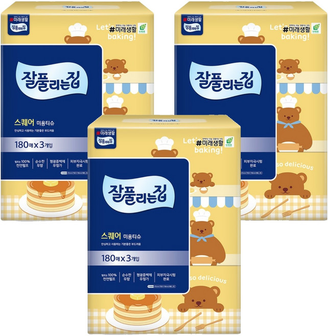 잘풀리는집 스퀘어 천연펄프 미용티슈 2겹, 3개, 3개입