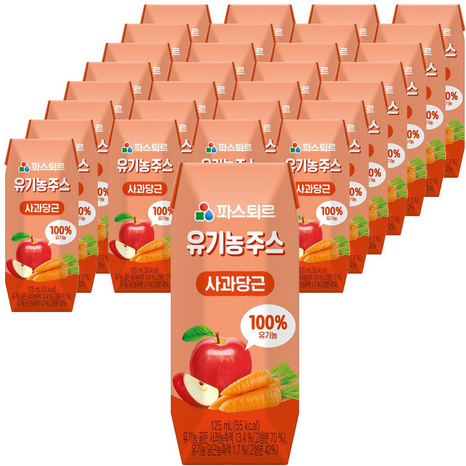 파스퇴르 유기농주스, 125ml, 48개, 사과 + 당근 혼합맛