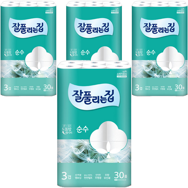 잘풀리는집 3겹 순수 천연펄프 고급롤화장지, 28m, 30개입, 4개
