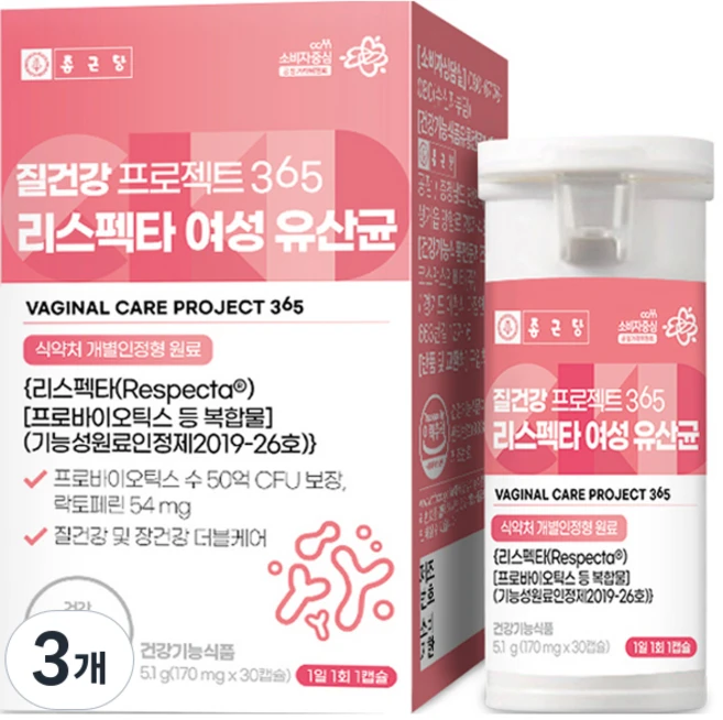 종근당 질건강 프로젝트 365 리스펙타 여성 유산균, 30정, 3개 - 쿠팡