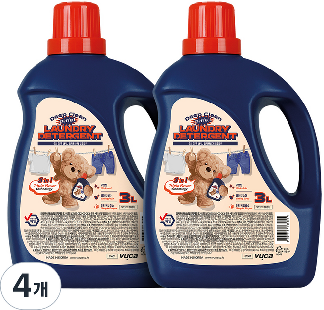뷰카 퍼펙트 딥클린 세탁 액상세제 본품, 3L, 4개