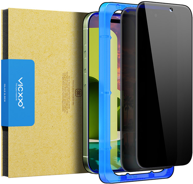 빅쏘 사생활 보호 부착가이드 9H 마이크로 루버 코팅 프라이버시 아이폰 강화유리 액정보호필름 2p 세트, 1세트