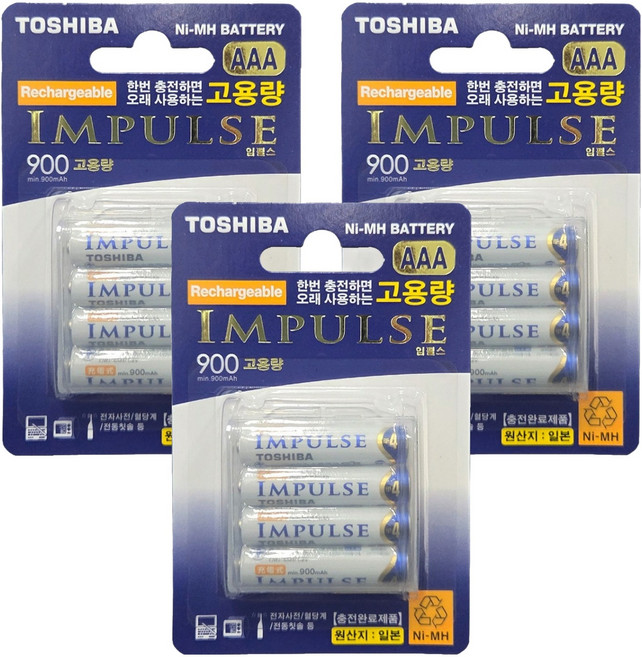 도시바 니켈수소 AAA충전지 900mAh, 4개입, 3개