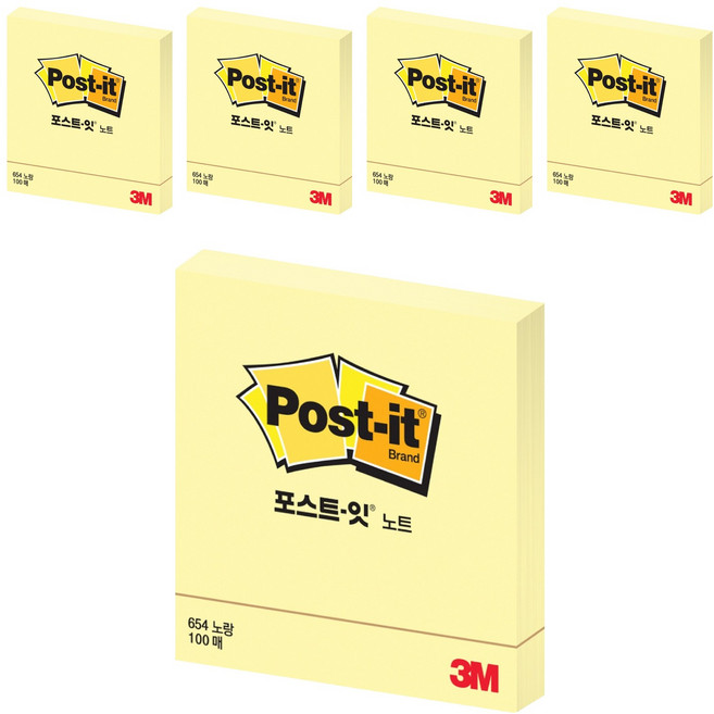 포스트잇 노트 접착메모지 654, 노랑, 100매, 5개