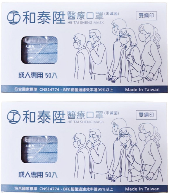 和泰陞 平面醫療口罩 成人, 50片, 2盒, 莫蘭迪藍