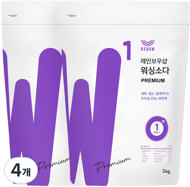 레인보우샵 워싱소다 프리미엄 세탁세제 리필, 3kg, 1개입, 4개