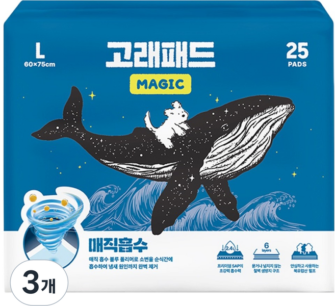 고래패드 강아지 1초흡수 매직 배변패드, 25개입, 3개
